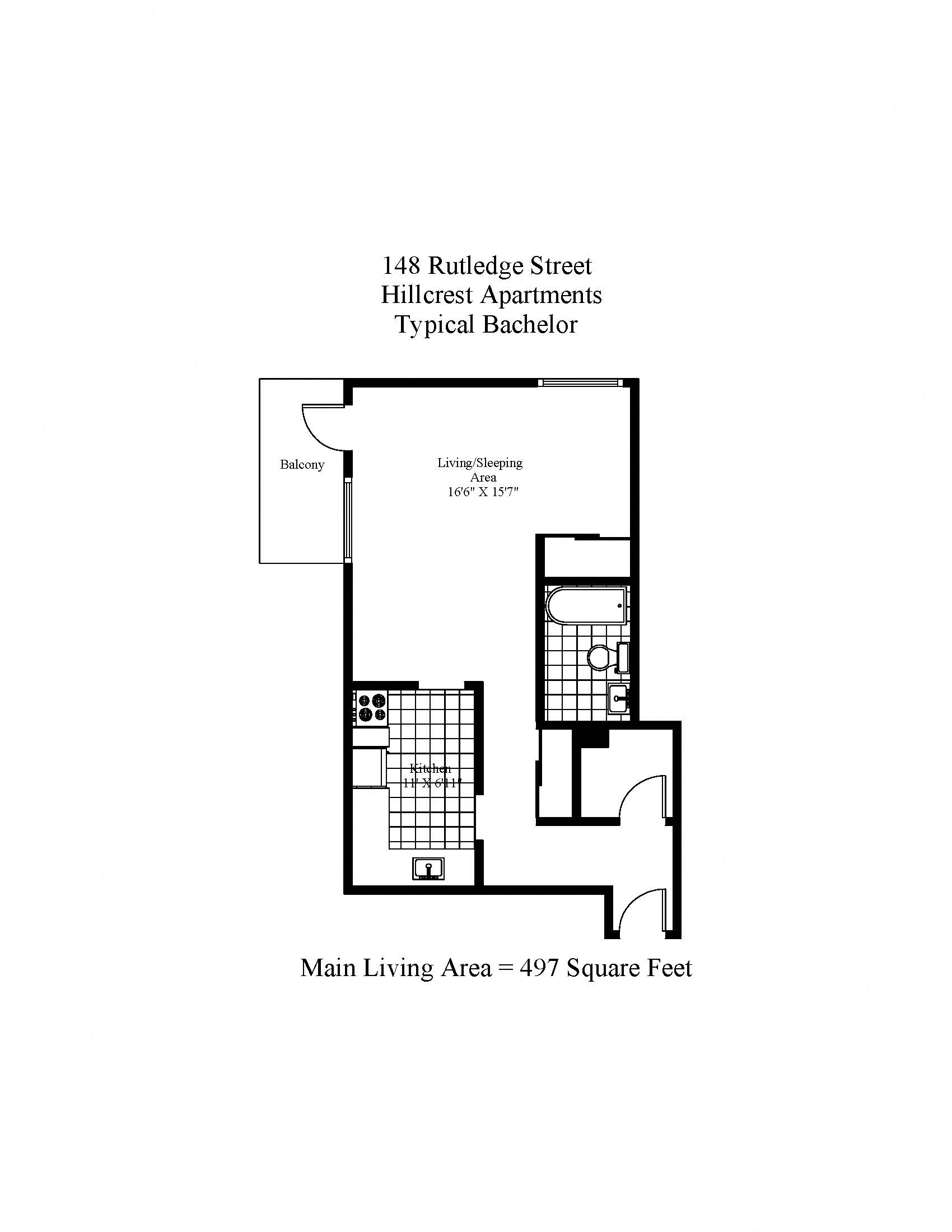 Floor plan for studio, 1 bath, 497 sqft
